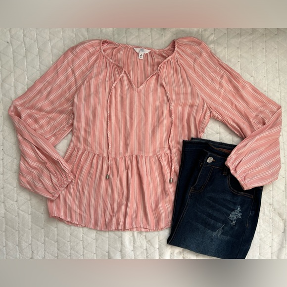 Time and Tru Pink & White Striped Top with Tie Detail & Bell Sleeves Size Small - Picture 2 of 8